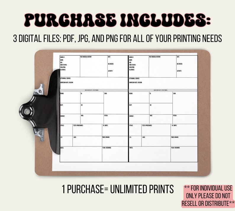 Op de afbeelding: Een printbare plannertemplate op een klembord. De template is verdeeld in twee kolommen, elk met secties voor "Medische voorgeschiedenis", "Overzicht van systemen" en "Reden voor bezoek". De tekst "PURCHASE INCLUDES: 3 DIGITAL FILES: PDF, JPG, AND PNG FOR ALL OF YOUR PRINTING NEEDS" staat bovenaan de afbeelding. De tekst "1 PURCHASE= UNLIMITED PRINTS" staat linksonder in de afbeelding. De tekst "** FOR INDIVIDUAL USE ONLY PLEASE DO NOT RESELL OR DISTRIBUTE**" staat rechtsonder in de afbeelding.