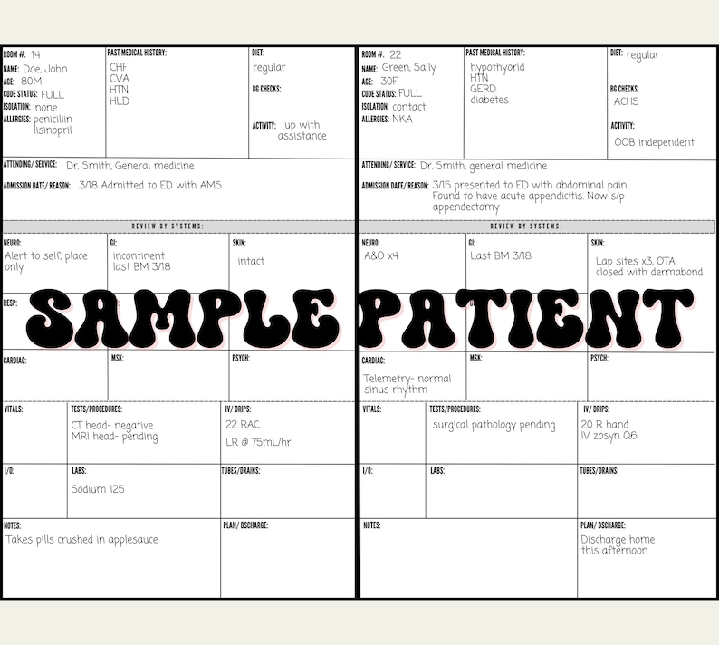 Op de afbeelding: Een medisch formulier met informatie over een pati&euml;nt, inclusief naam, leeftijd, medische geschiedenis, allergie&euml;n en huidige symptomen. Het formulier is onderverdeeld in secties voor verschillende aspecten van de pati&euml;ntenzorg, zoals vitale functies, medicijnen en tests.