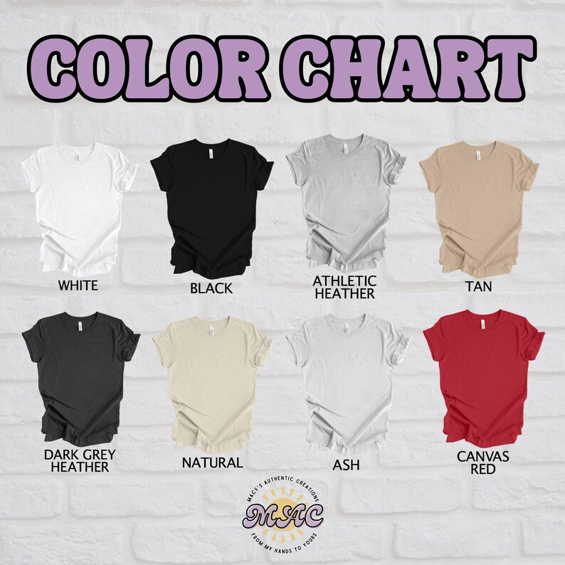 May include: Color chart featuring eight t-shirts in various colors: white, black, athletic heather, tan, dark grey heather, natural, ash, and canvas red. The text "COLOR CHART" is at the top, with the brand's logo at the bottom.