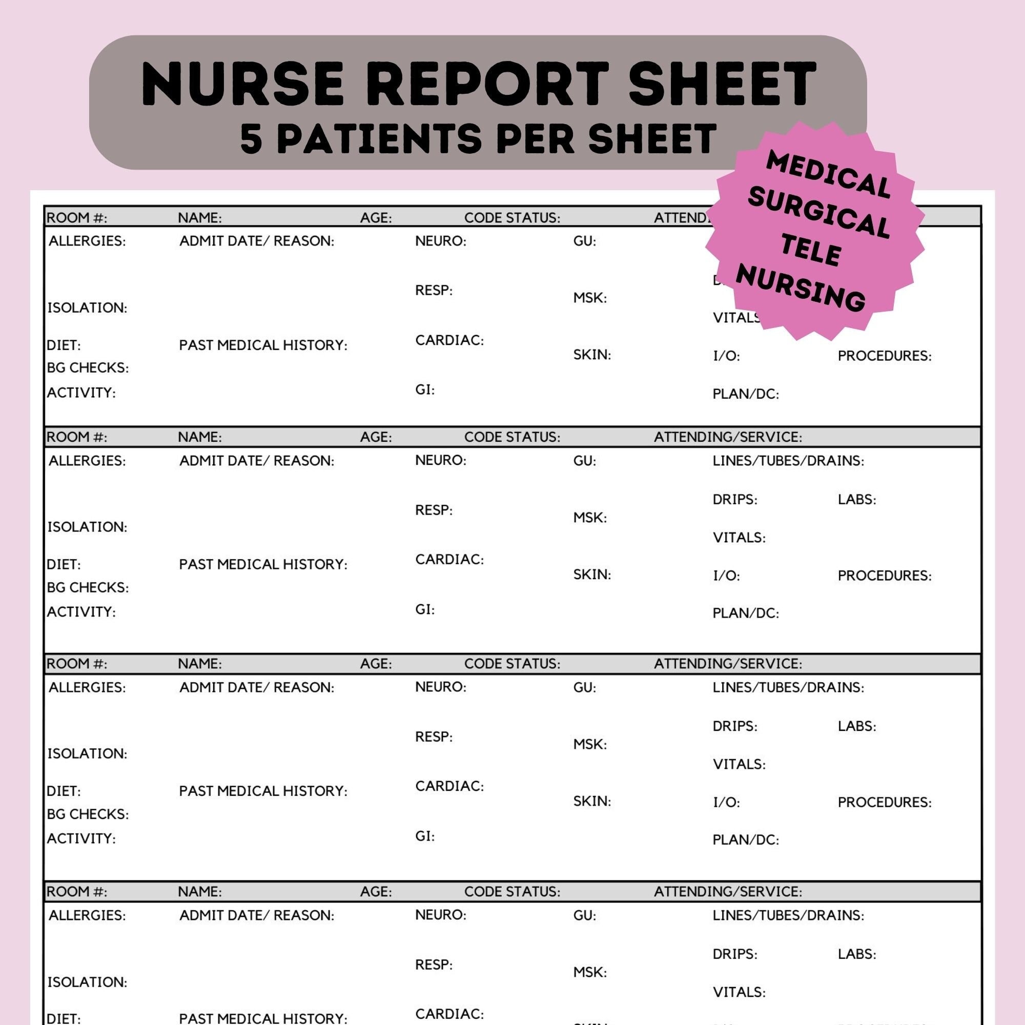 Nursing Report Sheet, Nurse Brain, Five 5 Patients, RN Handoff