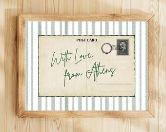 Arte de pared imprimible "Con amor desde Atenas", impresión de postal de Atenas, Ohio, póster de postal vintage, decoración de dormitorio de la Universidad de Ohio, descarga digital