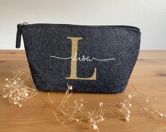 Personalized cosmetic bag small felt dark grey / silver / gold / pink