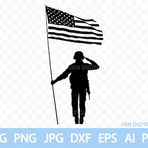May include: A black silhouette of a soldier saluting in front of an American flag.