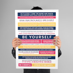 Desiderata zum ausdrucken - Wandbild nach Max Ehrmanns Desiderata in blau, rot und senf
