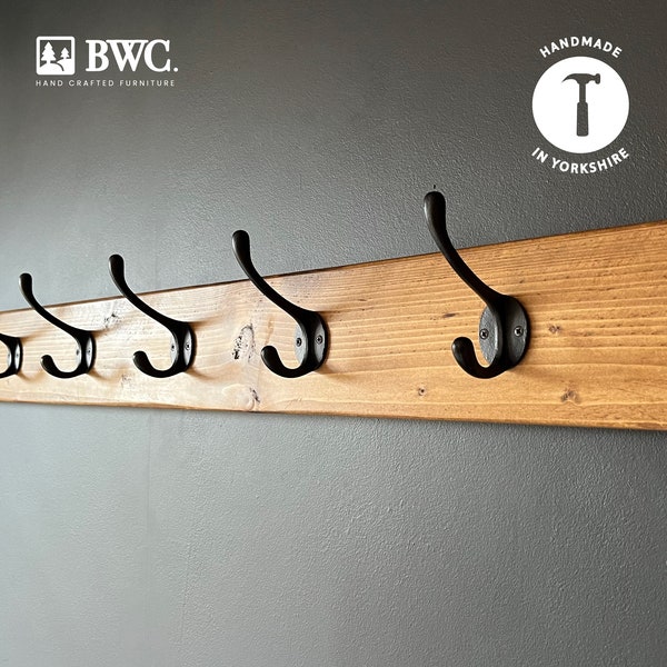 Rustic Reclaimed Wooden Coat Rack | Country Cottage Coat Hook | Cast Iron Hooks | Handmade Farmhouse Coat Hook