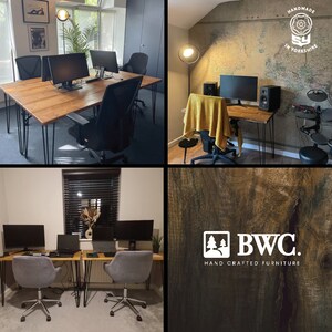 K&ouml;nnte beinhalten: Vier verschiedene Bilder, die Holztische mit Haarnadelbeinen zeigen. Die Tische befinden sich in verschiedenen Umgebungen, darunter ein Heimb&uuml;ro, ein Studio und eine Werkstatt. Die Tische sind aus Naturholz gefertigt und haben einen rustikalen Look. Der Text "HAND CRAFTED FURNITURE" ist auf einem der Bilder zu sehen.