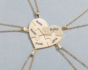 Custom Name Heart Puzzle Necklace, Personalized Heart Necklaces, Family Member Engraved Names, Puzzled Jewelry, Women Jewellery,