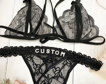 Customize  Name Bra  Thong, Personalized Lace Bra  Thong,Perfect Couple Gift , Anniversary Gift , Bridesmaid Gift, Customize Bikni Set ,