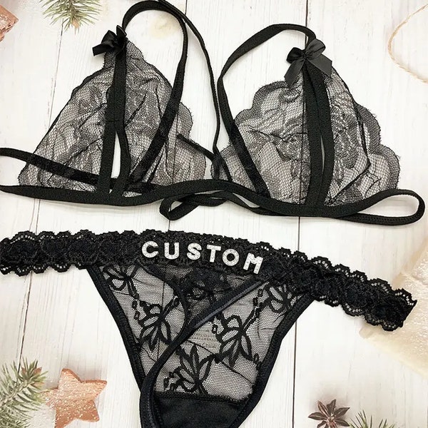 Customize  Name Bra  Thong, Personalized Lace Bra  Thong,Perfect Couple Gift , Anniversary Gift , Bridesmaid Gift, Customize Bikni Set ,