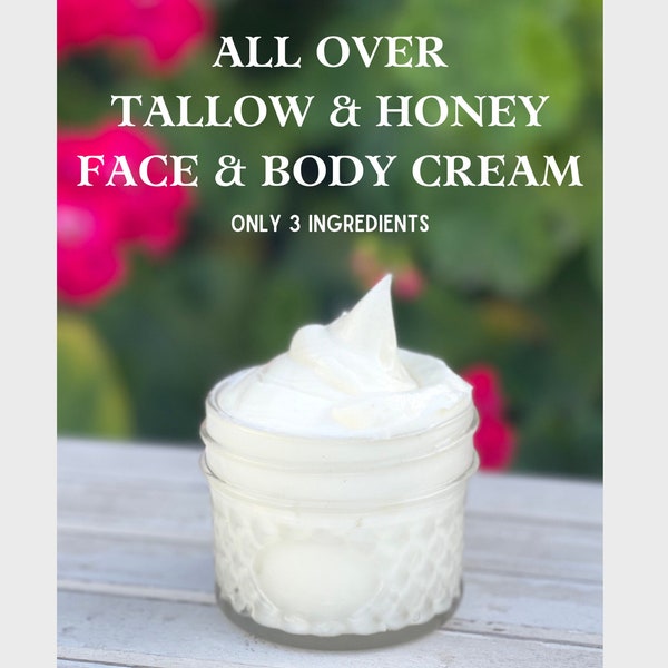 Whipped Tallow Honey Cream with jojoba oil, Face & Body Cream All Natural Body Butter Balm, Grass Fed and Finished Skin Soothing Cream