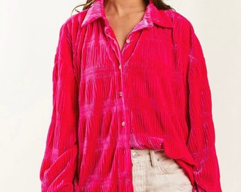 Women's shirt blouse. Wrinkle effect tiered shirring velvet button up shirt.  Christmas  shirt  Pink ! sz s, m,  crushed velvet