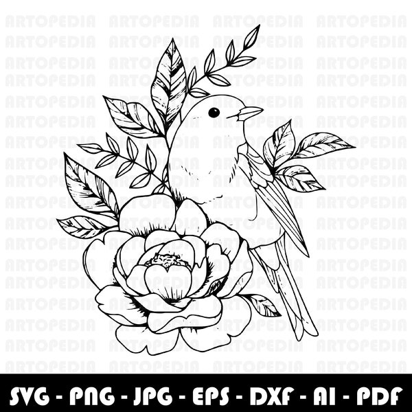 Bird Svg, Bird Floral Wreath Svg, Bird Flowers Silhouette, Bird Feeding Clipart, Wildflower Laurel Frame Vector Jpg Png Dxf