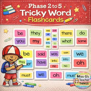 Phase 2 to 5: Colourful and Fun Tricky Word Flashcards