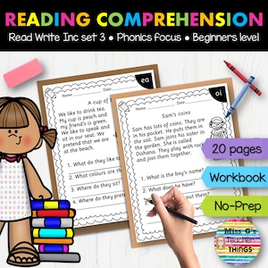 Op de afbeelding: Een zwart-wit werkboek met 20 pagina's voor leesbegrip. Het werkboek is ontworpen voor beginners en richt zich op fonetiek. De omslag toont een cartoonmeisje met een stapel boeken en de tekst "Leesbegrip" in grote, vetgedrukte letters.