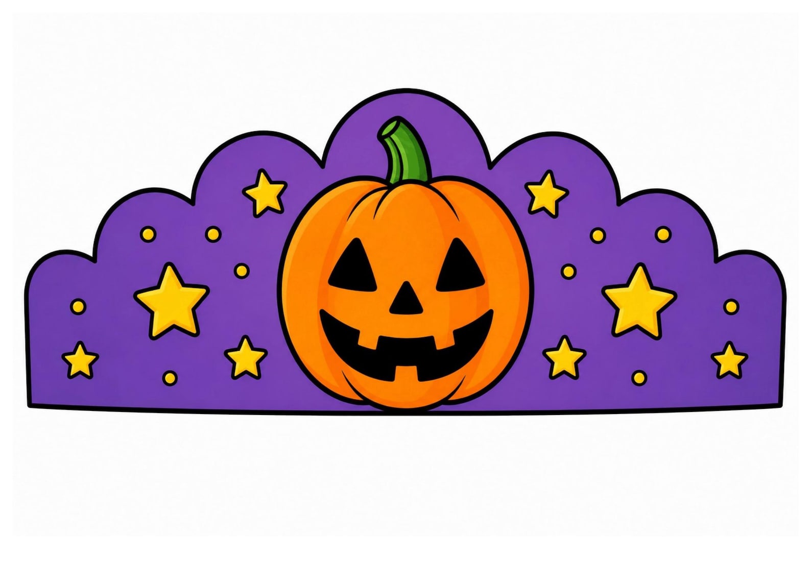 A Jack-o’-Lantern with a Star Border Purple paper crown design with an orange pumpkin face and yellow stars.