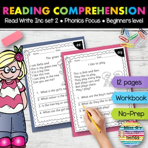 Op de afbeelding: Een zwart-wit werkboek met de titel "Leesbegrip" en de tekst "Read Write Inc set 2. Phonics focus Beginners level". Het werkboek heeft 12 pagina's en is gemarkeerd met "No-Prep Workbook".