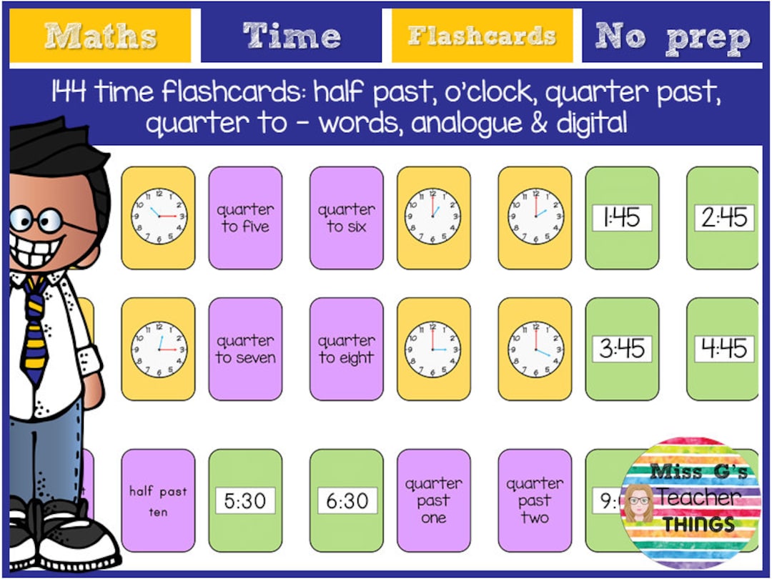 Time Flashcards O'clock Half Past Quarter Past and to Words Analogue