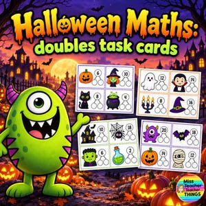 May include: Halloween Maths: doubles task cards educational set featuring a green one-eyed monster and multiple cards with illustrations of pumpkins, ghosts, witches, and math problems with circles for writing numbers.