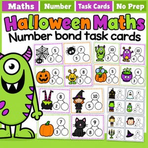May include: A set of Halloween-themed math number bond task cards featuring a large green monster on the left. The cards display various illustrations including spiders, pumpkins, monsters, and witches, each paired with number bond diagrams.