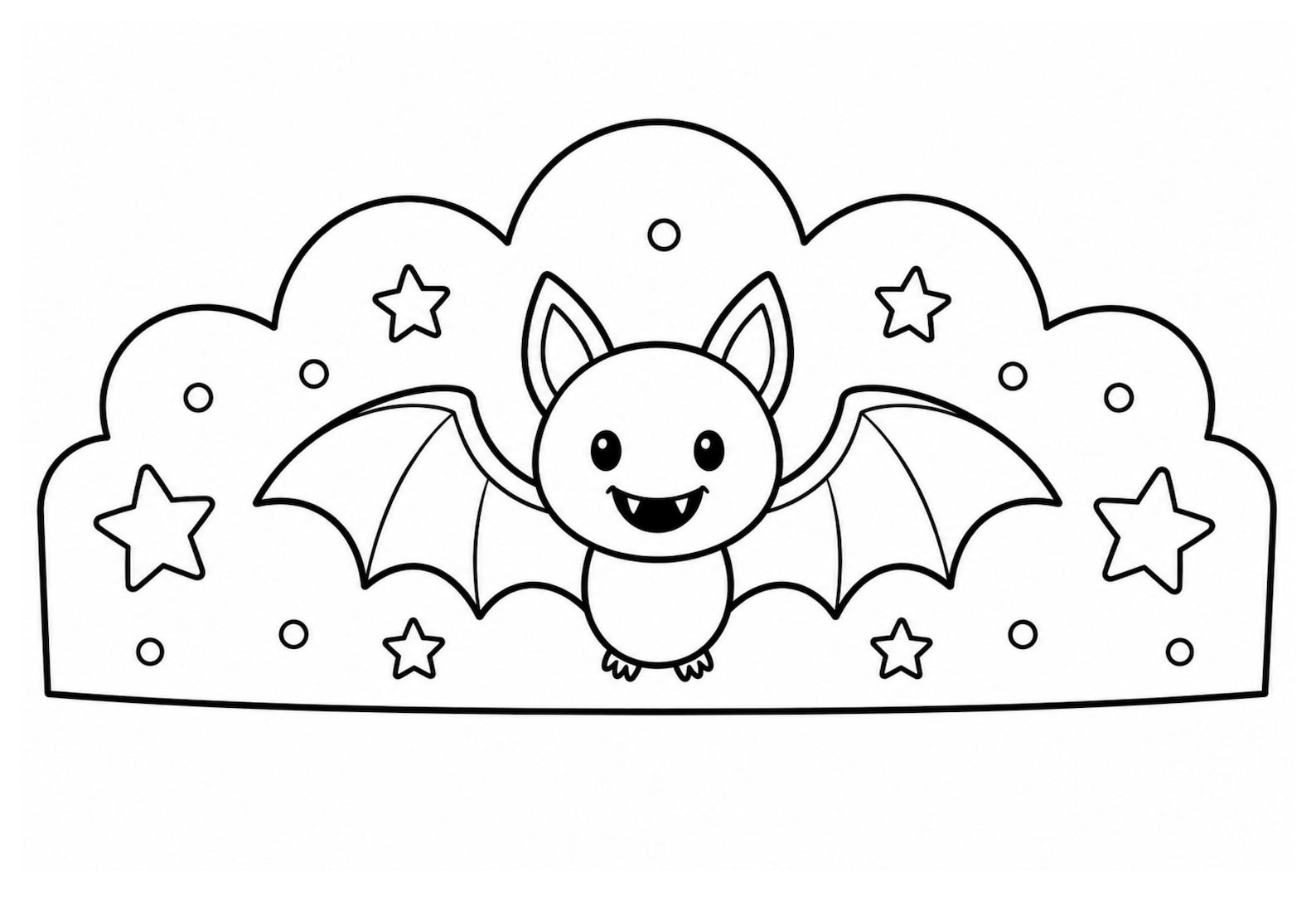 A Black Cat to Color In Black-and-white cat crown printable with pointed ears and stars.