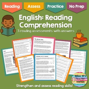 Peut inclure: Matériel pédagogique pour la compréhension de la lecture en anglais. L'image présente des feuilles d'évaluation colorées, une illustration de dessin animé d'un enfant lisant et le texte "English: Reading Comprehension".