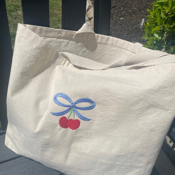 Embroidered Tote Bags, Bow and Cherry Tote Bag, Gift, Inspirational tote, Shopping Bag, Travel Tote, Vacation Tote