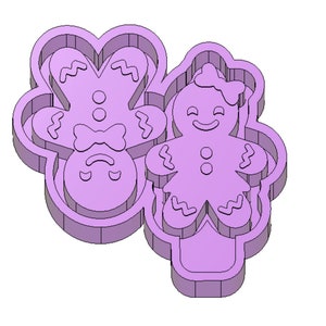 May include: Two gingerbread cookie cutters, one with a happy face and a bow, the other with a sad face and a bow. Both are in a light purple color.