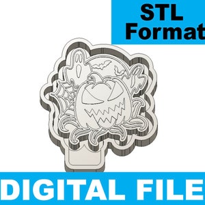 May include: A 3D printable STL file design for a Halloween cookie cutter featuring a jack-o'-lantern, ghosts, bats, and a spider web.