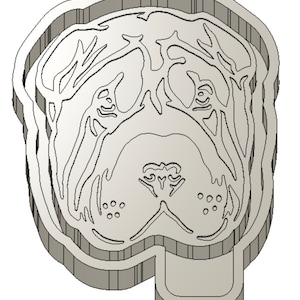 May include: A black and white line drawing of a Shar-Pei dog's head. The dog has wrinkles on its face and a short, stubby nose.