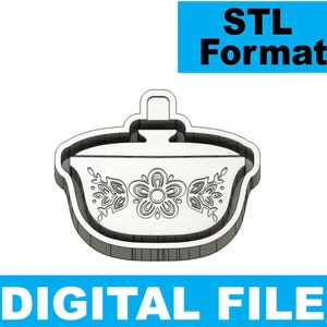 May include: A 3D printable STL file for a decorative bowl with a floral design. The bowl has a rounded shape with a lid and a detailed floral pattern around the rim.