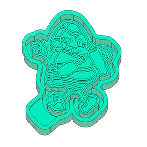 May include: A turquoise blue 3D printed cookie cutter shaped like a cartoon character holding a can. The character has a striped body and a large head with a wide smile.
