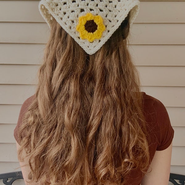 Boho Sunflower Bandana - crocheted hair scarf - for her - Cottagecore headscarf - boho kerchief