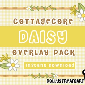 May include: A yellow and brown graphic with a gingham background. The text reads "Cottagecore Daisy Overlay Pack" with the words "Instant Download" below. The graphic is surrounded by a brown border with white daisies and yellow flowers.