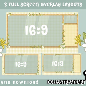 May include: Three overlay layouts for streaming, featuring a 16:9 aspect ratio, with a yellow and white gingham background and floral accents.