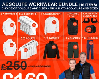 Workwear Bundles - Absolute Workwear Bundle 19 Items with your logo embroidered, Mix sizes and colours. Workwear Bundle,