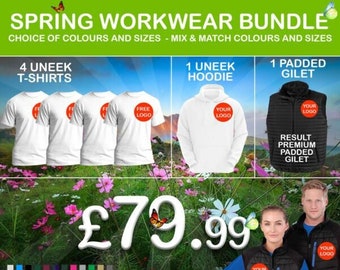 Spring Workwear Bundle, with your logo embroidered, Mix sizes and colours, 5 T-Shirts, 1 Hoodie, 1 Gilet, 1 cap or beanie