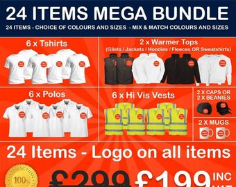 Workwear Bundles - Mega 24 Items Workwear Bundle with your logo embroidered, Mix sizes and colours.Workwear Bundle,