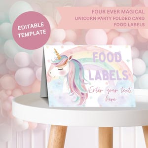 Etiquetas de comida para fiesta de unicornio / Tarjetas de comida plegables / Tarjetas de carpa para comida / Unicornio pastel / Tarjetas de buffet para fiesta de cumpleaños / Plantilla editable