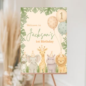 Safari 1st Birthday Welcome Sign: Jungle Animals, Editable Template (Digital Download)