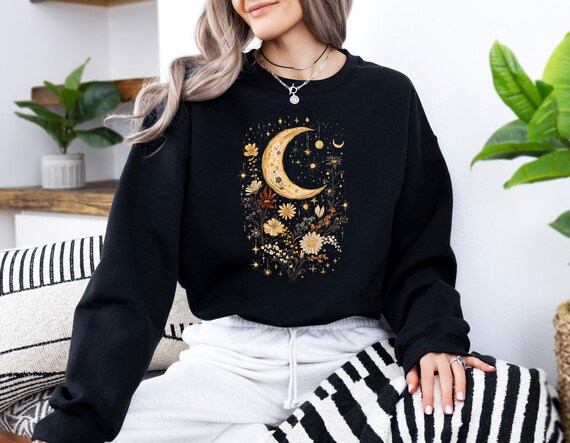 Vintage Moon and Stars Floral Shirt, Botanical Tee, Nature Lover Gift, Mystical Garden Sweatshirt, Mystical Moon Shirt, Motivational Tee