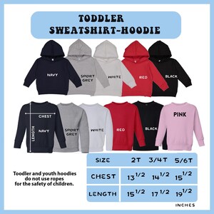 May include: A selection of toddler sweatshirts and hoodies in navy, sport grey, white, red, black, and pink. The image includes size and measurement information in inches, with chest and length dimensions for sizes 2T, 3/4T, and 5/6T.