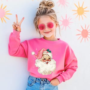 Kids Pink Santa Sweatshirt, Cute Christmas Shirt for Girls, Vintage Santa Claus Kids Tee, Holiday Toddler Crewneck, Pastel Christmas Outfit