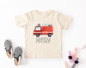Personalized Fire Truck Kids Shirt, Custom Name Firefighter Tee, Boys Fire Engine Birthday Shirt, Toddler Fireman Outfit, Birthday Party Tee
