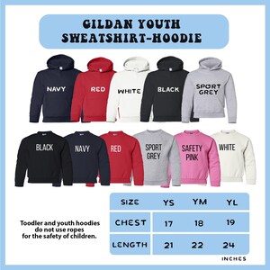 May include: A selection of Gildan youth sweatshirts and hoodies in colours such as navy, red, white, black, sport grey, and safety pink. The image includes a size chart with chest and length measurements in inches.
