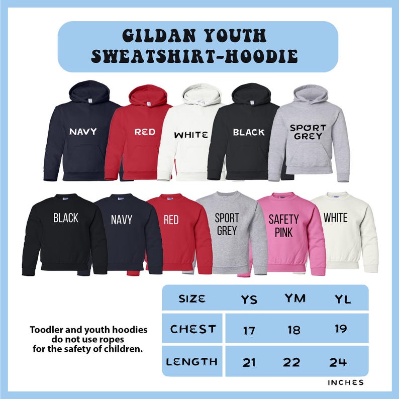 May include: A selection of Gildan youth sweatshirts and hoodies in colours such as navy, red, white, black, sport grey, and safety pink. The image includes a size chart with chest and length measurements in inches.