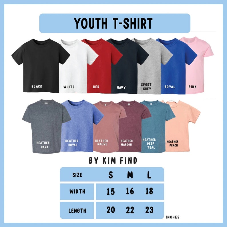 a youth t - shirt with different colors and sizes
