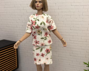 Dollhouse 1/12 handmade doll clothes. 3pc 1 pattern flower top and skirt and maxi dress. Doll, accessories not included