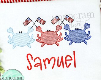 Crabs trio machine embroidery design, patriotic bean stitch sketch embroidery design