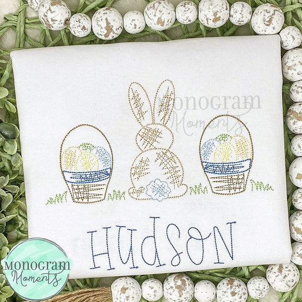 Scribble Easter bunny and Easter baskets trio machine embroidery design, Easter bean stitch sketch embroidery design
