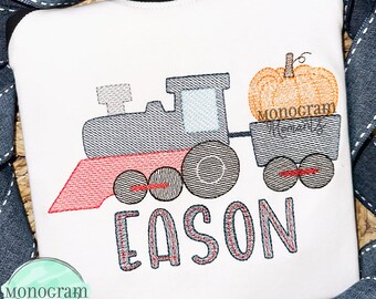 Train and pumpkin machine embroidery design, thanksgiving bean stitch sketch embroidery design